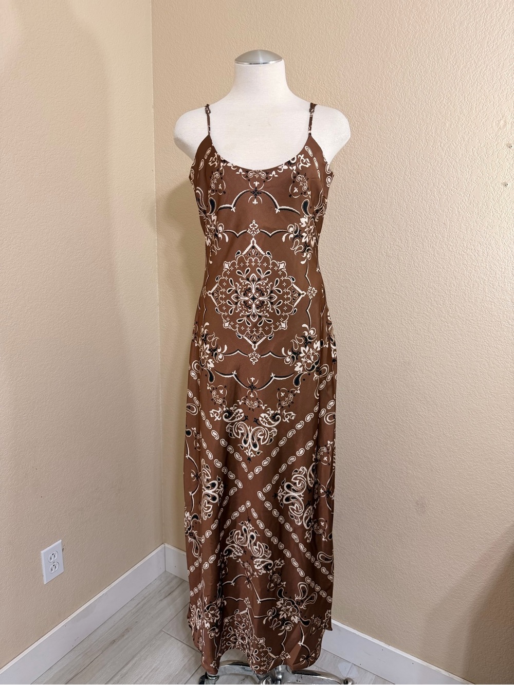 Brown Printed Spaghetti-Strap Maxi Dress with Paisley Motif